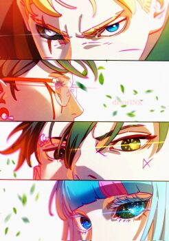 2boys 2girls ada_(boruto) artist_name black_hair black_sclera blonde_hair blood bloody_tears blue_eyes blue_hair boruto:_two_blue_vortex close-up closed_eyes colored_eyelashes colored_sclera commentary drawink earrings english_commentary eyebrow_piercing face_piercing facial_tattoo glasses heterochromia highres jewelry jougan kawaki_(boruto) kokugan lens_flare mangekyou_sharingan mismatched_sclera multicolored_hair multiple_boys multiple_girls naruto_(series) piercing pink_hair red_eyes rimless_eyewear scar scar_across_eye scar_on_face senrigan serious sharingan streaked_hair tattoo two-tone_hair uchiha_sarada uzumaki_boruto watermark white_eyes yellow_eyes