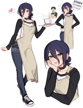 1boy 1girl apron black_choker black_hair black_shirt blush blushyspicy breasts chainsaw_man choker coffee green_eyes hair_between_eyes hair_bun highres looking_at_viewer multiple_views raglan_sleeves reze_(chainsaw_man) shirt shoes simple_background smile sneakers speech_bubble two-tone_shirt white_shirt