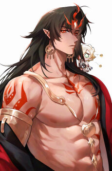 2boys abs absurdres arm_tattoo asura_(onmyoji) black_hair blonde_hair chest_tattoo closed_mouth commentary deformed earrings eyeliner facial_mark green_eyes highres jewelry konsai_2 long_hair looking_at_another looking_at_viewer makeup male_focus multiple_boys nipples onmyoji pectorals pointy_ears red_eyeliner red_eyes red_tattoo short_hair simple_background solo_focus symbol-only_commentary taishakuten_(onmyoji) tattoo upper_body white_background