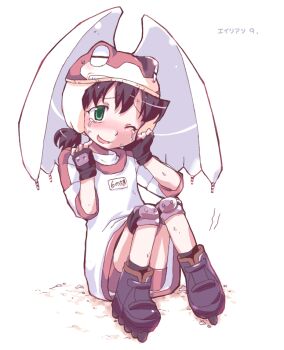 1girl 2000s_(style) alien_nine black_gloves black_hair blush crying crying_with_eyes_open drawpile_(medium) fingerless_gloves frog_hat gloves green_eyes gym_shirt helmet inline_skates knee_pads negiwave2000 ootani_yuri open_mouth red_shorts roller_skates shirt shorts simple_background sitting skates smile solo tareme tears twintails white_background winged_helmet wings