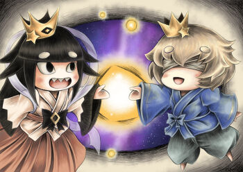 Rule 34 | 1boy, 1girl, alternate costume, bandages, bandages over eyes, black hair, blind prince, blonde hair, blunt bangs, blush, chibi, cosplay, crown, hidefu kitayan, hikoboshi, hikoboshi (cosplay), japanese clothes, liar princess, long hair, long sleeves, looking at another, open mouth, orihime (cosplay), orihime (tanabata), outstretched arm, sharp teeth, standing, star (symbol), symbolism, teeth, thick eyebrows, usotsuki hime to moumoku ouji, wide sleeves