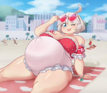 beach beach_towel belly big_belly blue_sky breasts cloud elphelt_valentine guilty_gear highres navel one_eye_closed outdoors outie_navel plump pregnant sand scarlet_evergleam sky tagme tongue tongue_out towel