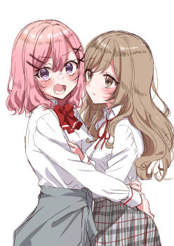 2girls @_@ absurdres amaori_renako blush bow bowtie brown_eyes brown_hair clothes_around_waist collared_shirt grey_skirt grey_sweater hands_on_another&#039;s_waist highres hug long_hair medium_hair multiple_girls open_mouth parted_lips pink_hair plaid_clothes plaid_skirt purple_eyes red_bow red_bowtie sena_ajisai shirt simple_background skirt sweater sweater_around_waist tottoto_tomekichi watashi_ga_koibito_ni_nareru_wake_naijan_murimuri! white_background white_shirt yuri