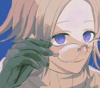 1boy aotsuki_eito black_gloves blue_background blue_eyes commentary eyelashes eyes_visible_through_hair film_grain glasses gloves grey_hair highres kawati light_particles male_focus nose_pads open_mouth portrait removing_eyewear rimless_eyewear sanpaku short_hair simple_background smile solo sweater symbol-only_commentary the_hundred_line_-last_defense_academy- white_sweater