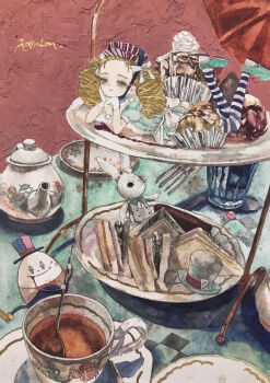 Rule 34 | 1girl, absurdres, alice's adventures in wonderland, alice (alice in wonderland), apron, blonde hair, blue dress, blue eyes, cafe, cake, commentary request, cup, curly hair, dessert, doll, dress, food, from above, hair ribbon, hat, headband, highres, indoors, karintoun, long hair, looking at viewer, lying, maid, painting (medium), plate, rabbit, red background, ribbon, saucer, signature, spoon, striped clothes, stuffed animal, stuffed toy, sweets, table, tea, tea party, teacup, teapot, toy, traditional media, twintails, watercolor (medium)