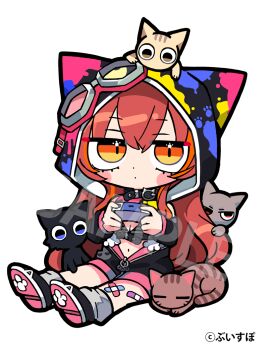 1girl bandaid bandaid_on_leg black_shoes cat chibi chibi_only controller full_body game_controller holding holding_controller holding_game_controller hood hood_up hooded_jacket jacket long_sleeves looking_at_viewer nekota_tsuna orange_eyes paint_splatter red_hair shoes simple_background sitting socks solo terada_tera virtual_youtuber vspo! white_background
