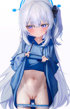 1girl absurdres blue_archive blue_halo blue_hoodie blush cleft_of_venus commentary_request h.yasai halo highres hood hoodie lifting_own_clothes long_hair miyako_(blue_archive) miyako_(young)_(blue_archive) navel official_alternate_costume one_side_up panties panty_pull purple_eyes pussy simple_background solo uncensored underwear white_background