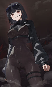 1girl absurdres black_hair black_jacket blush bodysuit breasts brown_bodysuit brown_eyes dated_commentary duplicate eyewear_on_head highres jacket long_sleeves looking_at_viewer mac_star medium_breasts original pixel-perfect_duplicate short_hair smile solo standing star_(symbol) star_tattoo sunglasses tattoo