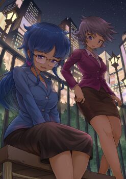 2girls absurdres black_skirt blue_hair blue_jacket city_lights from_below grey_hair highres jacket jikkyou_powerful_pro_yakyuu long_hair low_ponytail multiple_girls night on_bench open_mouth outdoors pawahotel3021 pencil_skirt ponytail power_pro_kun_pocket power_pro_kun_pocket_8 purple_eyes purple_jacket railing shirase_fukiko shirt short_hair sitting skirt standing teraoka_kaoru white_shirt