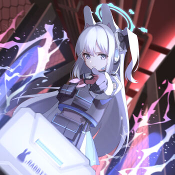 1girl animal_ear_headphones animal_ears bilingual_commentary black_bow black_gloves blue_archive blue_halo blue_skirt bow braid bulletproof_vest chain-link_fence closed_mouth commentary commission cowboy_shot determined dutch_angle fake_animal_ears fence gloves hair_bow half_up_braid halo headphones headset highres industrial_pipe knife_sheath kurosaki_saya long_hair long_sleeves looking_at_viewer mixed-language_commentary miyako_(blue_archive) neckerchief one_side_up pink_gloves pink_neckerchief pointing pointing_at_viewer pouch purple_eyes rabbit_ear_headphones rabbit_ears school_uniform sheath sidelocks skirt solo tactical_school_uniform two-tone_gloves very_long_hair white_hair