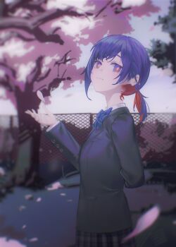 1girl absurdres arm_behind_back blue_eyes blue_hair cherry_blossoms highres kamitsubaki_studio light_smile looking_at_viewer multicolored_hair outdoors ponytail red_hair rim_(kamitsubaki_studio) school_uniform shiraishi_kanoya short_ponytail skirt solo tree two-tone_hair yellow_pupils