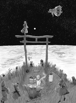 Rule 34 | 6+girls, absurdres, bow, character request, commentary, cup, dress, fire, flying, fujiwara no mokou, full moon, greyscale, hair bow, hakurei reimu, hat, highres, holding, holding cup, holding lantern, houraisan kaguya, inaba tewi, japanese clothes, kimono, kirisame marisa, konpaku youmu, lantern, long hair, mob cap, monochrome, moon, multiple girls, mystia lorelei, paper lantern, reeds, reisen udongein inaba, remilia scarlet, saigyouji yuyuko, sheath, sheathed, sitting, skirt, sky, standing, star (sky), starry sky, super-flat-world, sword, tabard, torii, touhou, weapon, yakumo yukari, yakumo yukari (cherry blossom)