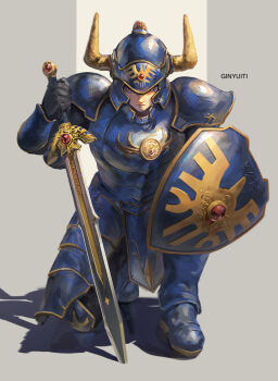 Rule 34 | 1boy, 1girl, armor, armored skirt, black gloves, black hair, breastplate, closed mouth, commentary, dragon quest, dragon quest iii, erdrick's helmet, erdrick's shield, erdrick's sword, fake horns, gem, ginyuiti, gloves, greaves, grey background, helmet, highres, holding, holding shield, holding sword, holding weapon, horned helmet, horns, kneeling, looking at viewer, red gem, roto (dq3), serious, shield, shoulder armor, sword, vambraces, weapon