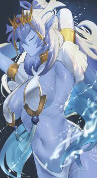 Rule 34 | 1girl, alternate costume, blue hair, blue skin, body markings, breasts, closed eyes, colored skin, cowboy shot, dominus impulse, dougaku (passionpit777), duel monster, gold tiara, hair between eyes, head wings, highres, large breasts, long hair, navel, pointy ears, solo, tiara, wings, yu-gi-oh!