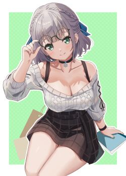 Rule 34 | 1girl, adjusting eyewear, bare shoulders, black choker, braid, breasts, brown skirt, choker, cleavage, closed mouth, commentary request, cross-laced clothes, cross-laced sleeves, crown braid, glasses, green eyes, green nails, grey hair, hair between eyes, half updo, hand up, high-waist skirt, highres, holding, holding notebook, hololive, large breasts, long sleeves, looking at viewer, miniskirt, mole, mole on breast, nail polish, notebook, off-shoulder sweater, off shoulder, official alternate costume, official alternate hairstyle, pendant choker, plaid clothes, plaid skirt, ribbed sweater, seiza, shirogane noel, shirogane noel (casual), short hair, simple background, sitting, skirt, smile, snowflake pendant, solo, sweater, sweater tucked in, three-quarter sleeves, tooo88, virtual youtuber, white sweater