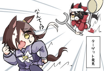 2girls absurdres ahoge animal_ears black_hair brown_hair commentary_request hair_between_eyes hair_over_one_eye hat highres horse_ears horse_girl horse_tail long_hair long_sleeves manhattan_cafe_(umamusume) multicolored_hair multiple_girls running santa_costume santa_hat school_uniform tail tracen_school_uniform translation_request umamusume vodka_(umamusume) ya.yu. yellow_eyes