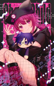 black_choker black_shirt blue_eyes blue_hair blush boots chaos;child character_doll choker closed_mouth commentary_request deformed doll fishnets glasses hair_between_eyes hair_ornament hairclip hairpin hat heart heart_hair_ornament hekiho_academy_school_uniform highres holding holding_stuffed_toy hugging_object jacket jacket_partially_removed kfka long_sleeves looking_at_viewer miniskirt miyashiro_takuru official_alternate_costume ok_sign onoe_serika pink_eyes pink_hair plaid_clothes plaid_skirt school_uniform science_adventure shiny_eyes shirt short_hair signature skirt smile stuffed_animal stuffed_toy