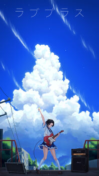 1girl absurdres amplifier arm_up black_hair blue_sky cloud cloud_(1301146185) commentary_request cumulonimbus_cloud electric_guitar full_body guitar highres instrument kobayakawa_rinko looking_at_viewer love_plus outdoors purple_eyes school_uniform serafuku short_hair skirt sky smile solo