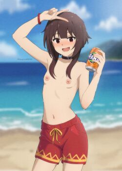 1girl :d absurdres adapted_costume arm_over_head arm_up armpits artist_name beach belt_collar black_choker blue_sky blurry blurry_background blush bracelet breasts bright_pupils brown_hair can choker cloud collar collarbone commentary commission cowboy_shot depth_of_field drawstring drink drink_can dripping embarrassed english_commentary exhibitionism fanta hair_over_shoulder highres holding holding_can holding_drink huge_filesize jewelry kagironsfw kono_subarashii_sekai_ni_shukufuku_wo! loli male_swimwear male_swimwear_challenge megumin mountainous_horizon navel nipples nose_blush ocean open_mouth public_indecency red_eyes red_male_swimwear red_swim_trunks sand short_hair short_hair_with_long_locks sidelocks sky small_breasts smile soda soda_can solo standing swim_trunks topless_female twitter_username v v_over_head water wet wet_hair