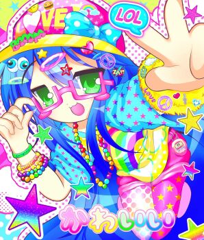 1girl 2000s_(style) :3 asymmetrical_legwear baseball_cap bead_bracelet bead_necklace beads blue_bow blue_hair blue_sleeves blush_stickers bow bracelet burger clothes_writing colorful commentary decora emoji emoticon eyeball_hair_ornament food glasses green_eyes hair_ornament hairclip hat highres honeybutterbiscuitz izumi_konata jewelry kaomoji lucky_star mismatched_legwear mismatched_thighhighs multiple_hairclips necklace open_mouth peace_symbol peace_symbol_hair_ornament pink-framed_eyewear pink_hat pink_shorts pink_thighhighs polka_dot polka_dot_bow polka_dot_thighhighs print_shirt rainbow rainbow_bracelet rainbow_necklace scrunchie shirt short_shorts shorts solo speech_bubble star_(symbol) star_print tamagotchi_(virtual_pet) thighhighs treble_clef v virtual_pet_(toy) wrist_scrunchie yellow_scrunchie