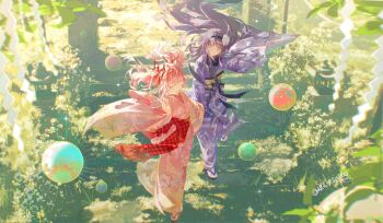 Rule 34 | 2girls, :d, ^ ^, absurdres, akemi homura, ball, black bow, black hairband, bloom, blurry, bow, checkered bow, checkered clothes, cherry blossom print, chinese commentary, chromatic aberration, closed eyes, closed mouth, commentary request, curled fingers, day, depth of field, diffraction spikes, eiki-, floating hair, floral print, floral print kimono, flower, flower hairband, grass, hair ribbon, hairband, hand up, highres, japanese clothes, kaname madoka, kimono, leaf, leg up, long hair, long sleeves, looking at another, mahou shoujo madoka magica, mahou shoujo madoka magica (anime), multiple girls, obi, open mouth, outdoors, pink hair, pink kimono, print kimono, purple eyes, purple hair, purple kimono, red bow, red ribbon, ribbon, sandals, sash, shide, short twintails, shrine, smile, socks, stone lantern, tabi, temari ball, twintails, walking, weibo username, white flower, white socks, wide sleeves, zouri