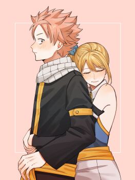 Rule 34 | 1boy, 1girl, arms around waist, bare shoulders, black shirt, blonde hair, blue bow, blush, bow, closed eyes, closed mouth, commentary, fairy tail, from side, hair bow, head on another's back, height difference, high ponytail, highres, hug, hug from behind, long hair, long sleeves, lucy heartfilia, natsu dragneel, pink hair, ponytail, profile, sash, scarf, shirt, short hair, spiked hair, upper body, usa g i01, yellow sash