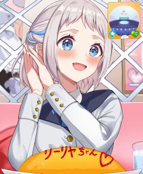 1girl :d blue_eyes blue_ribbon blush braid commentary_request crouching_start food gakuen_idolmaster grey_hair hair_ribbon hatsuboshi_gakuen_school_uniform highres idolmaster indoors jacket katsuragi_lilja ketchup long_sleeves omelet omurice open_mouth own_hands_together ribbon ribbon_braid school_uniform short_hair sidelocks smile upper_body white_jacket