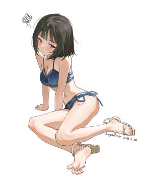 1girl artist_name bare_shoulders barefoot bikini black_hair blue_bikini breasts dated feet highres jewelry looking_at_viewer lying medium_hair midriff mogurine necklace on_side original red_eyes sandals side-tie_bikini_bottom simple_background solo stomach swimsuit swirl white_background