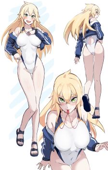 1girl absurdres ass bare_legs bare_shoulders blonde_hair blue_archive blue_jacket blush breasts commentary competition_swimsuit cosplay cropped_jacket crossed_bangs double-parted_bangs feet frederica_baumann full_body green_eyes hair_between_eyes hand_on_own_chest hand_on_own_hip highleg highleg_one-piece_swimsuit highres jacket kanna_(blue_archive) kanna_(blue_archive)_(cosplay) kanna_(swimsuit)_(blue_archive) large_breasts long_hair long_sleeves looking_at_viewer looking_back mouth_hold multiple_views off_shoulder one-piece_swimsuit open_mouth re:zero_kara_hajimeru_isekai_seikatsu sandals sharp_teeth simple_background small_sweatdrop smile standing standing_on_one_leg swimsuit teeth thigh_gap toes track_jacket very_long_hair whistle whistle_around_neck white_background white_one-piece_swimsuit zerobarto