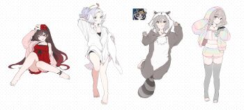 4girls absurdres adjusting_clothes adjusting_headwear animal_costume arm_behind_head babydoll black_bra black_panties black_thighhighs blue_pupils bra brown_eyes brown_hair chemise closed_mouth dal-gi feathered_wings firefly_(honkai:_star_rail) full_body fur_jacket fur_shorts gradient_hair grey_hair halo hands_up head_wings highres holding holding_towel honkai:_star_rail honkai_(series) hood hooded_jacket jacket licking_lips looking_at_viewer mask mask_on_head multicolored_hair multiple_girls one_eye_closed open_clothes open_shirt oversized_clothes oversized_shirt pajamas panties pink_babydoll pink_eyes pink_shirt raccoon_costume rainbow_jacket rainbow_shorts red_chemise red_hair robin_(honkai:_star_rail) shirt simple_background sitting smile sparkle_(honkai:_star_rail) standing stelle_(honkai:_star_rail) thighhighs tongue tongue_out tongue_up towel trailblazer_(honkai:_star_rail) underwear white_background white_shirt white_wings wings yellow_eyes