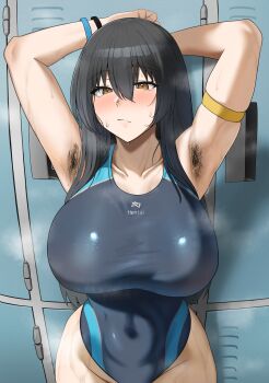 1girl absurdres arm_strap armpit_hair armpits arms_behind_head arms_up averting_eyes bare_shoulders black_hair black_one-piece_swimsuit blush breasts brown_eyes closed_mouth commentary_request cowboy_shot groin hair_between_eyes highleg highleg_one-piece_swimsuit highres huge_breasts locker locker_room long_hair one-piece_swimsuit original paid_reward_available riasu school_swimsuit shiny_clothes solo steaming_body sweat swimsuit textless_version variant_set very_sweaty wristband