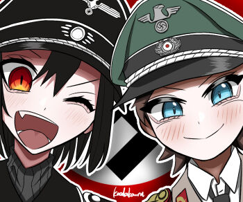 2girls armor artist_name black_hair black_hat black_necktie blue_eyes blush brown_hair fang hair_between_eyes hat koalakanru looking_at_viewer military_hat military_uniform multiple_girls nazi necktie one_eye_closed open_mouth original pauldrons peaked_cap red_eyes reichsadler short_hair shoulder_armor smile ss_insignia ss_uniform sven_hoffmann swastika tongue wehrmacht