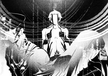 Rule 34 | 1girl, 2boys, absurdres, artist name, bead necklace, beads, body markings, commentary, demi-fiend, english commentary, english text, faceless, faceless female, faceless male, greyscale, hat, highres, jewelry, kexiu, long hair, monochrome, multiple boys, necklace, nitta isamu, shin megami tensei, shin megami tensei iii: nocturne, short hair, tachibana chiaki (megami tensei), topless male, upper body