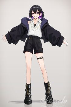 1girl absurdres belt_boots black_boots black_hair black_jacket black_shorts boots buckle cellphone colored_inner_hair commentary_request eyelashes full_body grey_background hair_between_eyes highres holding holding_phone jacket kis_sako long_sleeves multicolored_hair open_clothes open_jacket original outstretched_arms phone purple_eyes purple_hair shirt shorts simple_background smartphone smile solo spread_arms standing teeth thigh_strap twitter_username two-tone_hair white_shirt