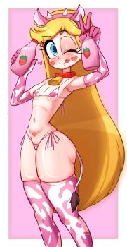 1girl animal_ears animal_print bell bikini blonde_hair blue_eyes blush bottle breasts collar covered_erect_nipples cow_ears cow_girl cow_horns cow_print cow_print_bikini cow_print_gloves cow_print_thighhighs cow_tail cowbell disney drink facial_mark fake_animal_ears fake_horns fake_tail food fruit gloves heart heart_facial_mark heart_on_cheek holding holding_bottle holding_drink horns loli long_hair looking_at_viewer micro_bikini milk milk_bottle mole mole_on_thigh navel neck_bell one_eye_closed pink_background pink_bikini pink_gloves pink_theme pink_thighhighs print_bikini print_gloves print_thighhighs raised_eyebrow rukisan_03 side-tie_bikini_bottom small_breasts smile standing star_(symbol) star_butterfly star_in_eye star_vs_the_forces_of_evil strawberry strawberry_milk swimsuit symbol_in_eye tail thick_thighs thighhighs thighs tongue tongue_out v wink