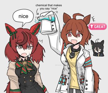 ... 3girls agnes_tachyon_(tach-nology)_(umamusume) agnes_tachyon_(umamusume) ahoge animal_ears black_necktie brown_hair coat commentary cowboy_shot cropped_torso ear_tag english_commentary english_text grey_background grey_eyes hair_between_eyes highres horse_ears horse_girl lab_coat long_hair long_sleeves looking_at_another manhattan_cafe_(creeping_black)_(umamusume) manhattan_cafe_(umamusume) medium_hair multiple_girls necktie nice_nature_(poinsettia_ribbon)_(umamusume) nice_nature_(umamusume) open_mouth pantyhose red_eyes shirt short_necktie simple_background sleeves_past_fingers sleeves_past_wrists smile speech_bubble standing sweatdrop sweater test_tube tunaplus_c umamusume white_coat yellow_eyes yellow_sweater