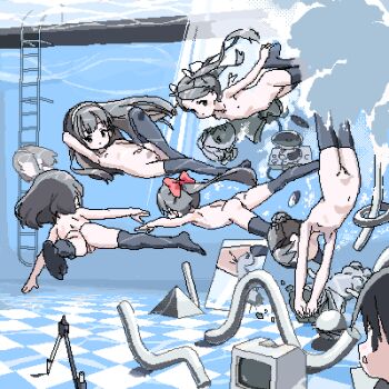 6+girls air_bubble ass ball blue_thighhighs blush blush_stickers bubble bust_(sculpture) cd checkered_floor closed_mouth covered_navel dot_mouth expressionless flat_chest floating game_console grey_hair hair_bun hair_ornament hairband ladder lokulo_no_mawashimono loli long_hair looking_at_viewer lowres macintosh_128k mirror multiple_girls nipples nude oekaki open_mouth original pixel_art playstation_1 ponytail pool pool_ladder pussy pyramid_(structure) splashing swimming thighhighs twintails uncensored underwater