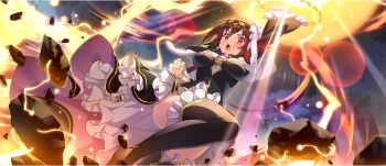 1girl :o arm_up black_boots black_dress boots braid breasts brown_hair capelet casting_spell circlet clenched_hand crown_braid debris dress earrings flower from_below fur-trimmed_capelet fur_trim game_cg glowing glowing_eyes gold_trim hair_flower hair_ornament high-low_dress high-low_skirt highres jewelry kono_subarashii_sekai_ni_shukufuku_wo! konosuba!_fantastic_days large_breasts layered_dress layered_sleeves leg_up light_particles long_hair long_sleeves looking_at_viewer looking_down low_twintails magic off-shoulder_dress off_shoulder official_alternate_costume official_art open_mouth overcast photokinesis red_capelet red_eyes serious sky solo standing standing_on_one_leg thigh_boots thighs twintails v-shaped_eyebrows white_flower wide_sleeves yunyun_(konosuba)