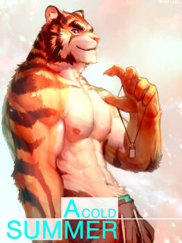 1boy abs animal_ears bara brown_pants english_text from_side furry furry_male holding holding_jewelry holding_necklace jewelry large_pectorals looking_at_viewer male_focus male_underwear mature_male muscular muscular_male navel navel_hair necklace nipples orange_fur original pants pectorals short_hair smile solo stomach thick_eyebrows tiger_boy tiger_ears tiger_stripes topless_male underwear whistle whistle_around_neck white_fur wincalblanke