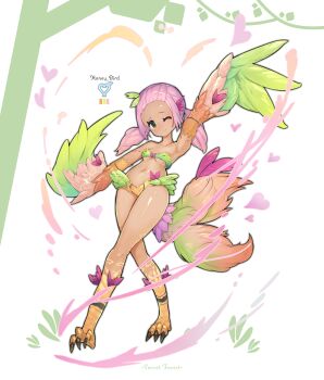 Rule 34 | 1girl, absurdres, armpits, bare shoulders, bird legs, bird tail, breasts, brown feathers, color guide, commentary request, dark skin, digitigrade, english text, feather hair ornament, feathered wings, feathers, full body, grass, green eyes, green feathers, hair ornament, harpy, highres, leaf hair ornament, logo, looking at viewer, medium hair, monster girl, navel, one eye closed, organic bra, original, pink feathers, pink hair, shitoi (aqua1487), sidelocks, simple background, small breasts, smile, solo, tail, talons, thick thighs, thighs, tree, twintails, two-tone wings, underboob, white background, winged arms, wings