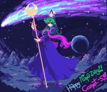 black_socks blue_capelet brooch capelet comet comet_summoner98 crescent dress green_eyes green_hair hat jewelry long_hair long_sleeves mima_(touhou) smile socks staff sun_print sun_symbol touhou touhou_(pc-98) wizard_hat