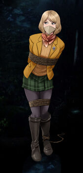 1girl absurdres arms_behind_back ashley_graham bdsm blonde_hair blue_eyes bondage bound bound_arms bound_legs breasts capcom cloth_gag gag gagged highres improvised_gag lost_one_zero over_the_nose_gag resident_evil resident_evil_4 rope