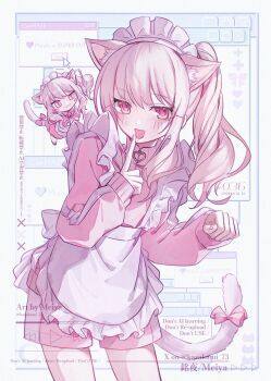 1other akiyama_mizuki androgynous animal_ears apron blush bow cat_ears cat_girl cat_tail chibi cowboy_shot english_text frilled_apron frills highres jacket kazakami_73 kemonomimi_mode long_hair long_sleeves maid maid_apron maid_headdress open_mouth other_focus pastel_colors paw_pose pink_bow pink_eyes pink_hair pink_jacket pink_shorts pink_theme project_sekai shorts sidelocks smile tail tail_bow tail_ornament track_jacket turtleneck turtleneck_jacket unconventional_maid white_apron