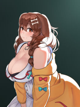 Rule 34 | 1girl, absurdres, animal collar, animal ears, bad id, bad twitter id, bare shoulders, blush, bone hair ornament, braid, breasts, brown eyes, brown hair, buttons, cleavage, collar, collarbone, dated, dog ears, dog girl, dress, fat, fat woman, gradient background, hair between eyes, hair ornament, highres, hololive, huge breasts, inugami korone, inugami korone (1st costume), jacket, large breasts, leaning forward, long hair, looking at viewer, looking to the side, off shoulder, plump, ribbon, smile, solo, split mouth, tajyador, tareme, thick arms, third-party edit, virtual youtuber, yellow jacket