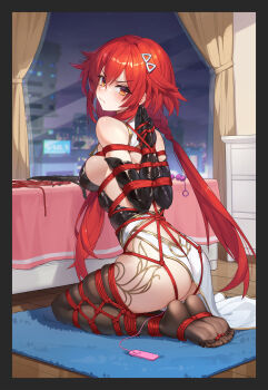1girl absurdres arms_behind_back bare_shoulders bdsm begging black_gloves black_leotard black_pantyhose black_thighhighs blush bondage bound bound_arms bound_feet bound_fingers bound_legs bound_thumbs bound_toes bound_torso breasts brown_eyes choujigen_game_neptune crotch_rope dress egg_vibrator elbow_gloves female_focus forced_orgasm from_behind gloves highres indoors kneeling leotard long_hair looking_at_viewer low_twintails medium_breasts neptune_(series) no_shoes pantyhose red_hair restrained reverse_prayer sex_toy shibari shibari_over_clothes shinebell skindentation soles solo tennouboshi_uzume thighhighs twintails variant_set very_long_hair vibrator window