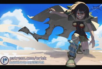 1girl anklet artist_name black_hair black_shirt breasts cape cloud commentary day eyelashes full_body glint grin holding holding_poke_ball jewelry knees letterboxed looking_at_viewer nintendo on_one_knee open-toe_shoes orlek outdoors poke_ball poke_ball_(basic) pokemon pokemon_oras red_eyes shirt sky smile solo teeth thighhighs toes zinnia_(pokemon)