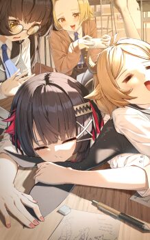 4girls =_= absurdres black_hair blonde_hair blue_necktie brown_cardigan brown_hair cardigan closed_eyes colored_inner_hair ellen_joe ellen_joe_(on_campus) eraser glasses highres light_particles long_hair lynn_(zenless_zone_zero) maeru mechanical_pencil monna_(zenless_zone_zero) multicolored_hair multiple_girls necktie orange_eyes pencil red_hair red_nails ruby_(zenless_zone_zero) school_uniform shirt sleeping taking_picture white_shirt yellow_eyes zenless_zone_zero
