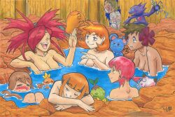 2boys 6+girls =_= angry azurill bath bathing black_hair blood blue_eyes blunt_bangs blush blush_stickers breasts brock_(pokemon) brown_hair cleavage clefairy closed_eyes completely_nude dark-skinned_female dark_skin drawmandude earrings evil_smile female_pervert fence flannery_(pokemon) flipped_hair flower gardenia_(pokemon) gen_1_pokemon gen_3_pokemon gen_4_pokemon gym_leader hair_flower hair_ornament hiding jealous jewelry large_breasts long_hair may_(pokemon) medium_breasts misty_(pokemon) misty_(pokemon_hgss) multiple_boys multiple_girls nintendo nosebleed nude old old_man on_head onsen open_mouth orange_hair partially_submerged peeking peeking_out pervert phoebe_(pokemon) pink_hair pokemon pokemon_(creature) pokemon_dppt pokemon_hgss pokemon_on_head pokemon_rse quad_tails red_hair rock sableye shared_bathing short_hair sitting sleeping small_breasts smile spiked_hair teeth telekinesis torchic torkoal turtwig twintails water whitney_(pokemon)
