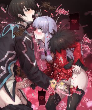 1boy 1girl absurdres agria_(tales) black_hair blunt_bangs blush brown_eyes clenched_hand clenched_teeth clothed_masturbation clothes_pull coat commission cum cum_on_clothes dialogue_box dress english_text evil_grin evil_smile female_orgasm fingering freckles fur_trim grin hair_rings handjob heart hetero highres jude_mathis long_hair long_sleeves looking_at_another low-tied_sidelocks masturbation mutual_masturbation open_mouth orgasm pants pants_pull penis purple_eyes pussy pussy_juice red_dress rolling_eyes short_hair sidelocks smile sound_effects standing steam sunnysideup surcoat sweat tales_of_(series) tales_of_xillia teeth thighhighs trembling white_hair