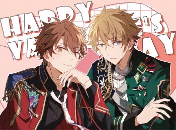 2boys brown_eyes chain closed_mouth collar_chain_(jewelry) commentary_request ensemble_stars! eyes_visible_through_hair feature_scout_2_(ensemble_stars!) fingernails floral_print gem hand_up happy_valentine highres jacket llmtmllmt long_sleeves looking_at_viewer male_focus morisawa_chiaki multiple_boys necktie official_alternate_color official_alternate_costume one_eye_closed open_clothes open_jacket parted_lips short_hair smile string string_of_fate takamine_midori upper_body white_necktie